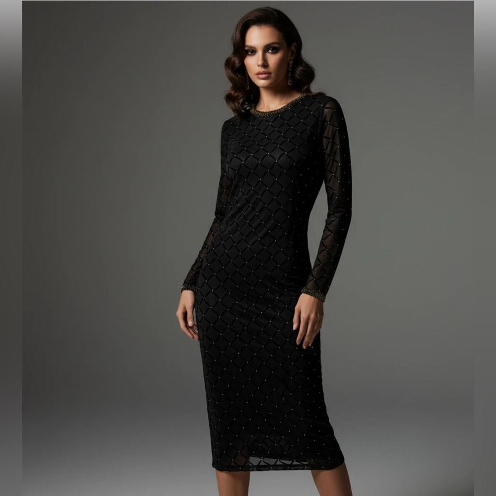 NISSA $579 Black Long Sleeve Diamond Pattern, Gold Beaded‎ Neckline Midi Dress